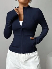 SHEIN EZwear 女式拉链轻便运动夹克，适合秋冬季跑步、健身、瑜伽 - 藏蓝色 - 查看 4