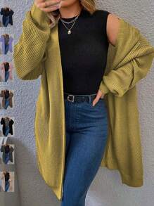 SHEIN LUNE Damen Große Größen Olive Grün Gestrickter Cardigan Pullover, einfarbig Off-Shoulder Langarm Loose Lässig, Herbst/Winter - Senfgelb - Übersicht 1