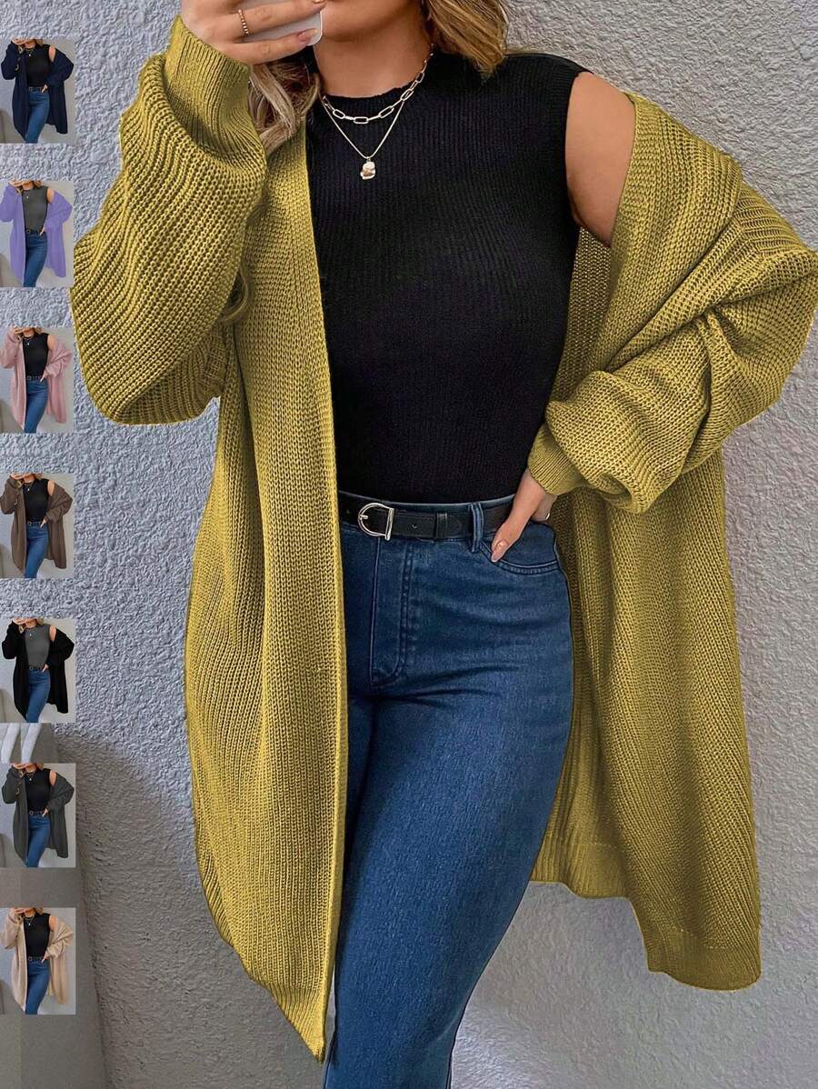SHEIN LUNE Damen Große Größen Olive Grün Gestrickter Cardigan Pullover, einfarbig Off-Shoulder Langarm Loose Lässig, Herbst/Winter - Senfgelb - Übersicht 1