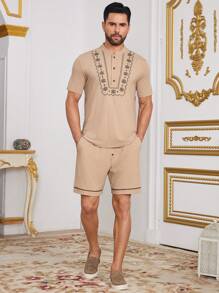 Manfinity Homme Men's Plant Pattern Button Half-Placket Short Sleeve Shirt And Shorts Casual Suit - Khaki - View 3