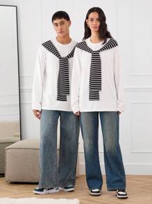 Manfinity VCAY 男女通用针织拼布宽松落肩仿围巾圆领长袖 T 恤 - 白色 - 查看 5