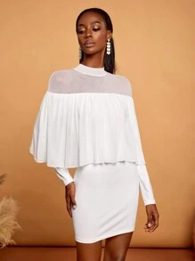 HEAVINZ LANE Robe moulante mini avec col montant à volants en maille blanche, idéale pour les vacances, le printemps et l'été, les festivals, Ibiza, les mariages et les bals - Blanc - Voir 3