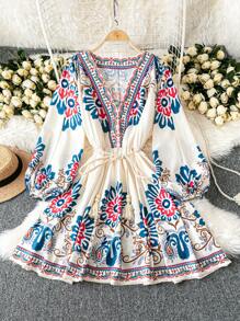 SHEIN LUNE Plus Size Floral Lantern Sleeve V-Neck A-Line Knee-Length Holiday Party Dress - Multicolor - View 1