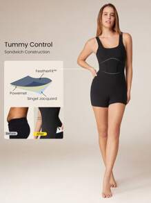 GLOWMODE 4.3英寸 FeatherFit™ 收腹侧袋连体衣 U型后背防滑口袋轻度支撑低冲击瑜伽馆健身房日常穿着 - 黑色 - 查看 2