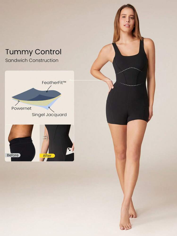 4.3" FeatherFit™ Tummy Control Side Pockets Romper Bodysuit U-Back Non-Slip Pocket Light Support Low Impact Yoga Pilates Studio Gym Daily