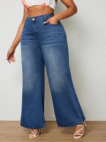 SHEIN EZwear Plus High Waist Wide Leg Jeans - Dark Wash - View 4