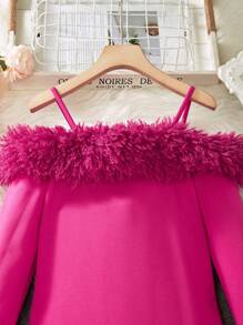 SHEIN Tween Girl Fuzzy Patchwork Open Shoulder Long Sleeve Party Dress, For Christmas - Hot Pink - View 3