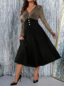 SHEIN Clasi Vestido de fiesta elegante de mujer con combinación de color plata y pedrería - Dorado - Ver 4