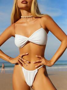 SHEIN Swim Spaghetti Strap Halter Neck Crop Top And Thong Bikini Set Summer