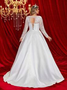 Glamrae Plus Size Elegant Romantic Lace Applique Tie Strap Ruffle Hem Trailing Wedding Dress,Bride, For Valentine's Day - White - View 6