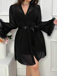 大码蕾丝拼布无袖睡袍和喇叭长袖网眼睡袍套装，鱼骨线腰部设计