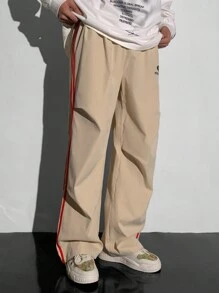 SHEIN Teen Boys Casual Loose Fit Khaki Pants With Oversized English Print, Sporty Street Stylish - Khaki - View 7