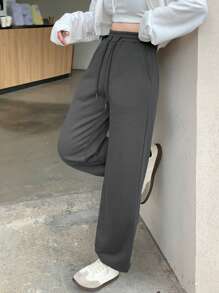 DAZY 女士纯色保暖内衬厚款休闲运动裤，百搭，四季皆宜 - 灰色 - 查看 5
