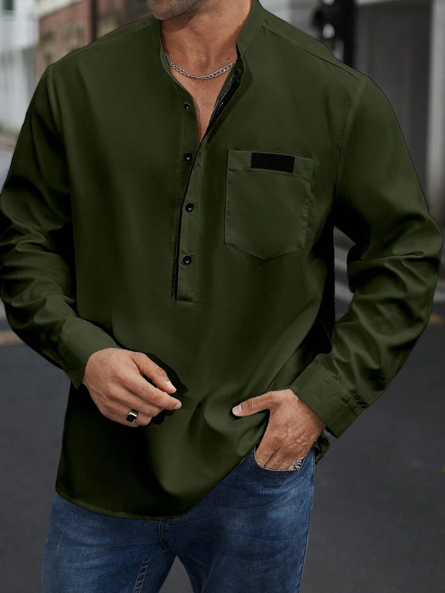 Manfinity Homme Áo sơ mi dài tay thường ngày màu trơn cỡ lớn dành cho nam, mùa thu, áo sơ mi xanh lá cây đậm, mùa thu - xanh quân đội - Xem 1