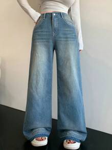 SHEIN MOD MOD Women's Casual Skinny Straight Leg Jeans, Blue Baggy Women Jeans,Baggy Jeans,Y2k Clothes,Stacked Women Jeans,Blue Jeans,Wide Leg Pants