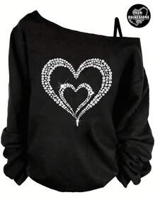 SHEIN LUNE Áo thun không tay in hình trái tim đính đá tối giản thường ngày cỡ lớn cho nữ - màu đen - Xem 1