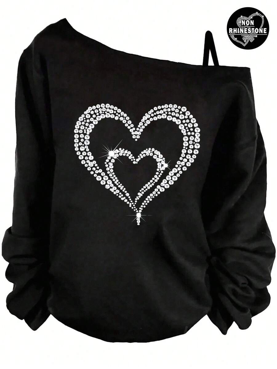 SHEIN LUNE Áo thun không tay in hình trái tim đính đá tối giản thường ngày cỡ lớn cho nữ - màu đen - Xem 1