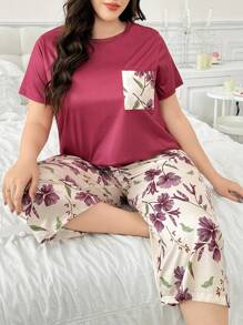 Plus Size Floral Print Short Sleeve Pocket Shirt And 3/4 Pants Set, Homewear