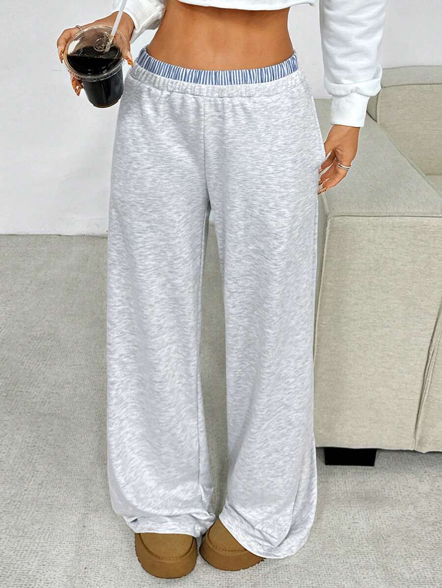 SHEIN Pantalones anchos informales y holgados de cintura alta con bloque de color y dobladillo sencillo y cómodo para niña preadolescente