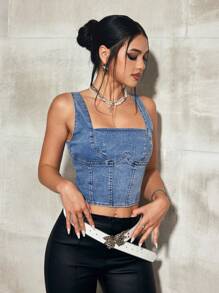 SHEIN EZwear Women Square Neck Bodycon Denim Camisole - Blue - View 6