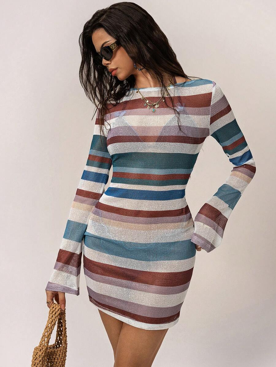 Forever 21 Women Striped See-Through Sexy Mini Dress With Long Sleeves - Multicolor - View 1