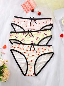 3pcs/Set Women Heart Print Bow Decor Hipster Briefs