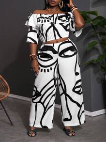 Slaydiva 2pcs Set: Plus Size Women Abstract Figure Print Off Shoulder Ruffle Hem Blouse & Wide-Leg Pants Casual Suit