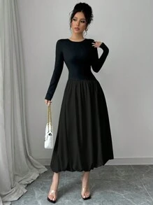 Chiquease Women Solid Color Round Neck Long Sleeve Casual Dress, Autumn