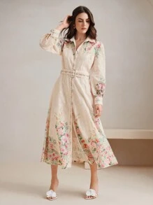 Anewsta 女士优雅度假约会印花宽松腰带长连衣裙，灯笼袖，春夏秋季 - 彩色 - 查看 7