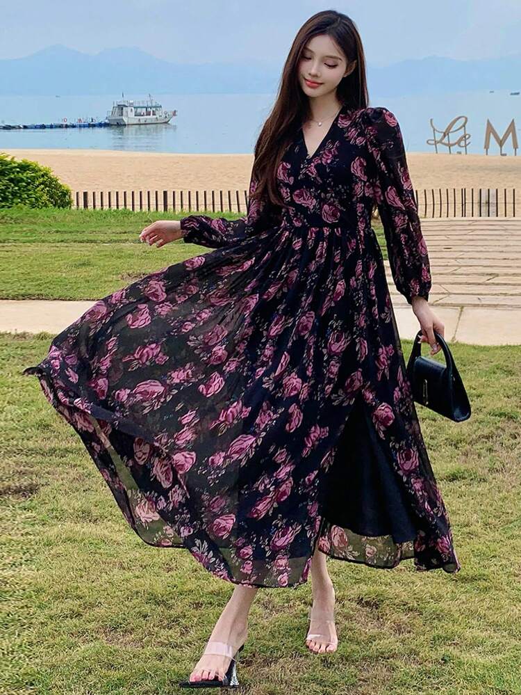 Women's Floral Print Long Sleeve Mid-Length Vacation Dress, Spring/Fall Boho