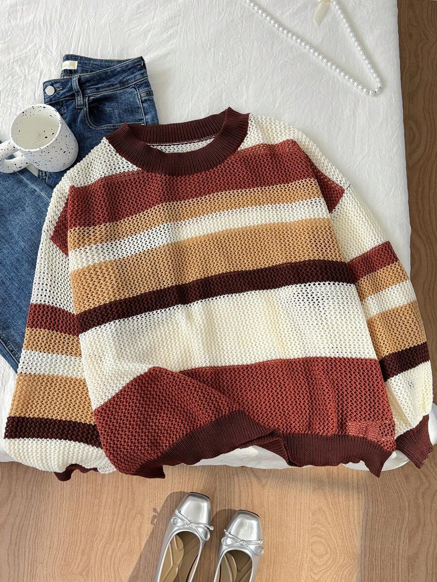 SHEIN Frenchy Plus Size Elegant Casual College Style Striped Contrast Color Round Neck Loose Basic Hollow Out Vacation Casual Pullover Sweater Fall/Winter - Multicolor - View 1