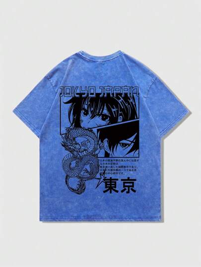 Anime Men's Retro Vintage Acid-Washed Crew Neck Short Sleeve T-Shirt, Suitable For Spring/Summer