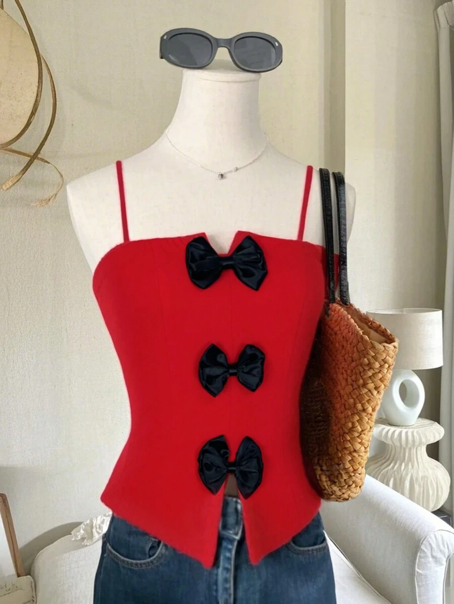 INAWLY Débardeur de mode fendu à ourlet avec décoration en nœud pour femmes - Rouge - Voir 1