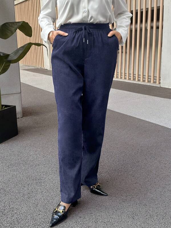 SHEIN LUNE Pantalones casuales de unicolor con bolsillo y lazo delantero para mujer, para uso diario