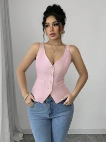 Selianne Pink V-Neck Corset Top For Women, Sleeveless Button-Up Cami Top, Summer Fashion - Pink - View 3