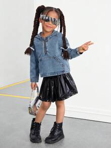 SHEIN 年轻女孩 Y2K 可爱幼儿蓝色牛仔连帽半拉链长袖上衣