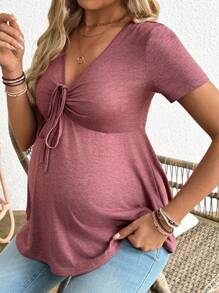 SHEIN Camiseta casual de manga corta con nudo delantero y unicolor para embarazadas