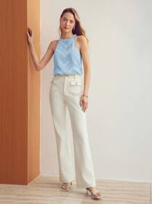 MOTF PREMIUM BUTTON DETAIL TEXTURED HALTER TOP - Baby Blue - View 5