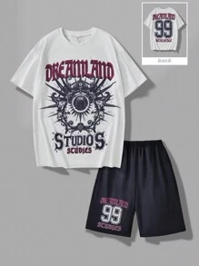2pcs/Set Teenage Boys' Fashion Print Casual T-Shirt And Distressed Shorts Set