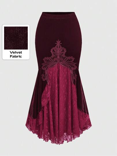 Dark Gothic Royal Style Heavy Velvet Contrast Lace Embroidered Bodycon Mermaid Maxi Skirt For Women