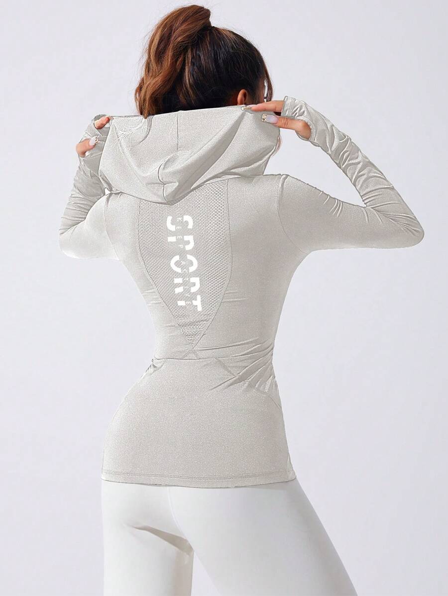 Gameset SHEIN Sport 女士运动连帽运动衫、瑜伽跑步健身修身长袖拇指孔上衣、休闲网眼拼接 V 领套头衫 - 淺灰色 - 查看 1