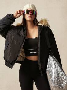 VARSITIE Warm Long Sleeves With Plush Collar Women Sports Jackets - Black - View 2