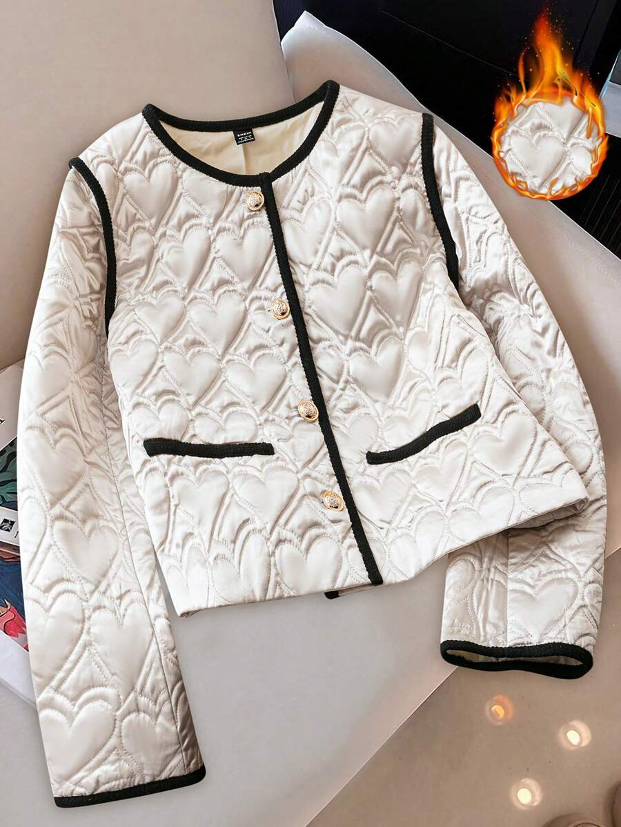 Zolique 纯米色轻质绗缝加厚棉服外套冬季衣服带心形格子图案 - 米色 - 查看 1