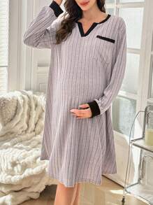 Soft Textured Ribbed Color Block Maternity Sleep Dress, Casual & Minimalist - Mauve Purple - View 3