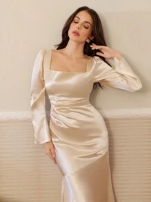 SHEIN Cottnline Vestido de noche elegante de satén con cuello cuadrado y mangas fruncidas para mujer - Blanco - Ver 5