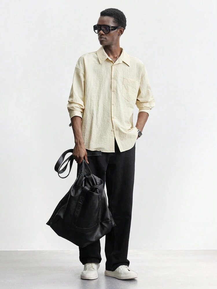 SHEIN Maija Men's 2025 Spring New Solid Color Pleated Texture Fabric Front Button Pocket Long Sleeve Loose Casual Shirt, Fashion Minimalist Design Suitable For Valentine's Day Date, Holiday, New Year Party, Daily, Vacation, Commute