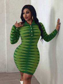 Zolique 全新橄榄绿色毛衣裙，修身性感翻领纽扣几何图案长袖中长针织连衣裙