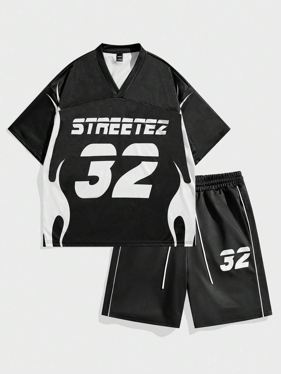 Manfinity VCAY Men's Digital Print Loose Knit Short Sleeve T-Shirt Set - Black - View 1