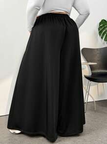 SHEIN CURVE+ Plus Size Women's Casual Solid Color Drawstring Ultra Loose Wide Leg Pants (With Pockets) - Black - View 2