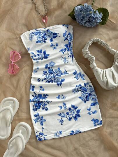 Soleia 女士度假蓝白印花褶饰腰部紧身迷你连衣裙，适合派对、约会、情人节、复活节、狂欢节、下午茶、时尚春夏连衣裙